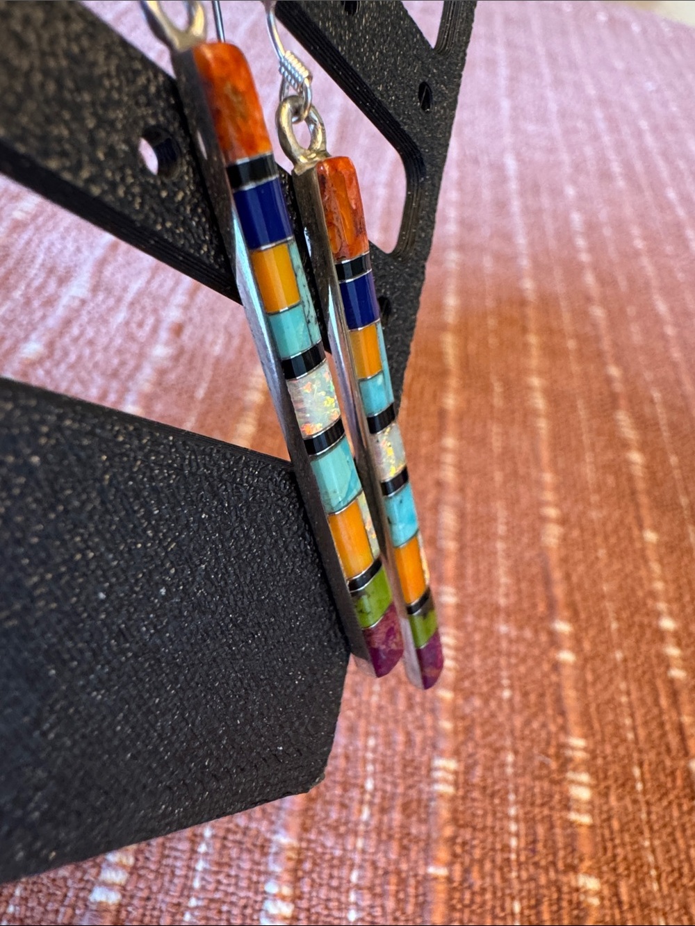 Multi-Color Stone Inlay Bar Drop Earrings - Women Jewelry - Picture 2 of 6
